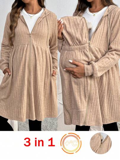 SHEIN 3-In-1 Maternity Jacket With Hooded, Solid Color Knit Winter Coat For Pregnant Women, Warm Outerwear