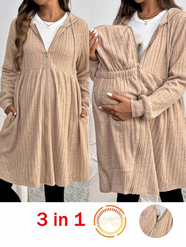 SHEIN 3-in-1 Umstandsmodejacke mit Kapuze, einfarbiger gestrickter Wintermantel für schwangere Frauen, warme Oberbekleidung