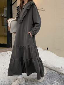 DAZY 女士荷叶边下摆中长款卫衣连衣裙，秋冬 - 深灰色 - 查看 4