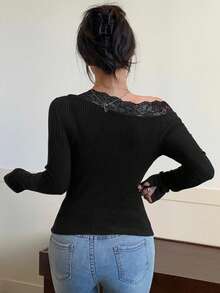 DAZY Áo thun nữ dài tay thêu ren mới thu đông thường ngày - màu đen - Xem 3