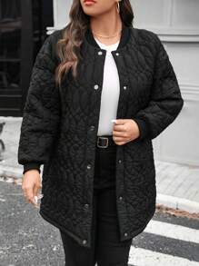 SHEIN LUNE Abrigo acolchado holgado de longitud hasta la rodilla de mujer talla grande en color negro con patrón geométrico y puños curvilíneos laterales, ropa de invierno para mujer, abrigo de invierno para vacaciones, térmica
