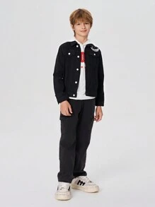 SHEIN Garoto pré-adolescente Impressão De Expressão Detalhe Da Aba Jaqueta Denim Sem Camiseta