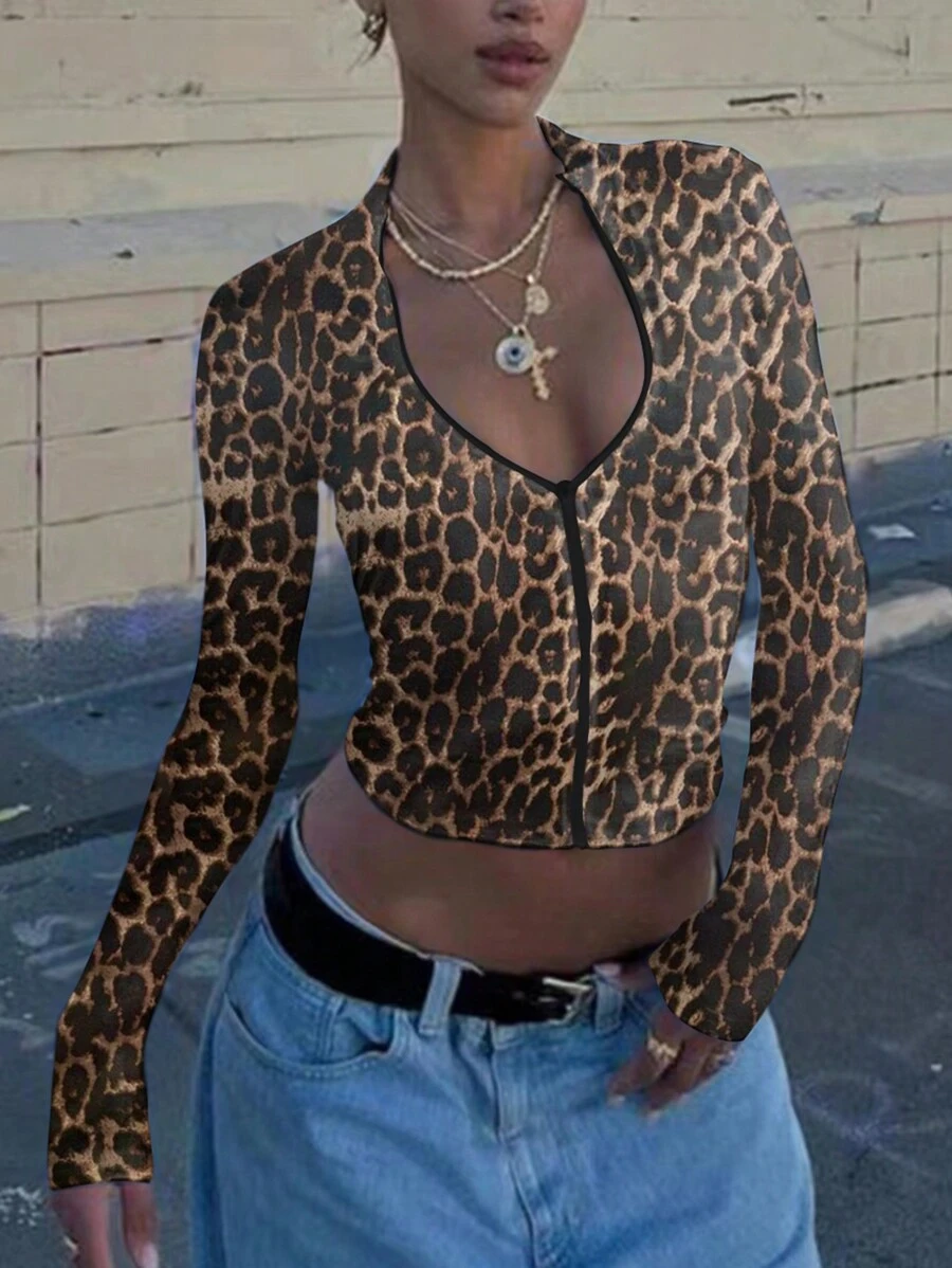 INAWLY Women Leopard Cheetah Print Zip-Up Slim Fit Thin Jacket - Multicolor - View 1