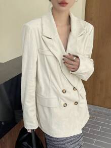 DAZY Plain Textured Loose Women Blazer,Fall Clothes Business Attire - Beige - View 8