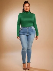 SHEIN SXY 大码纯色修身高领长袖百搭 T 恤基本款 T 恤 - 墨綠色 - 查看 7