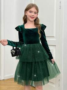 SHEIN Vestido elegante y elegante de fiesta para niñas preadolescentes, con cuello alto, panel de terciopelo con volantes y malla plateada, adecuado para fiestas de Navidad, graduación y bailes de promoción