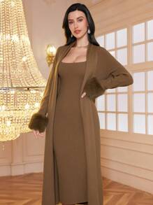 Conjunto de 2 piezas para mujer con chaqueta de manga larga y vestido sólido de color con textura esponjosa, conjunto de vestir casual