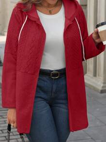 SHEIN LUNE Plus Size Solid Color Pocket Hooded Collar Knitted Long Sleeve Cardigan For New Year Clothes - Red - View 4