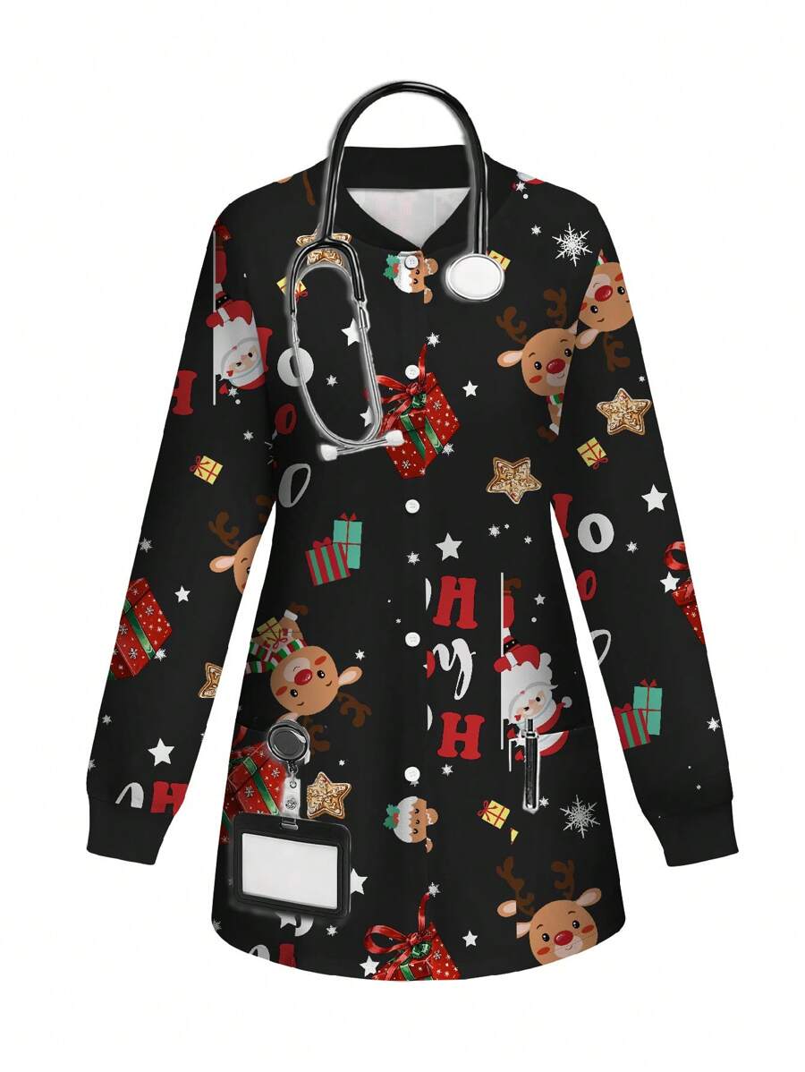 PopScrub Christmas Cute Cartoon Santa Claus, Reindeer, Gingerbread, Star Uniform Scrub Jacket - White - View 1
