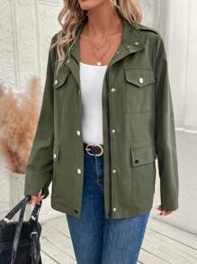 EMERY ROSE Women Casual Multi-Pocket Zip Up Lightweight Jacket, Suitable For Autumn - Army Green - View 3