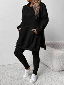 2 pièces/le set Grande taille Tenue décontractée quotidienne avec sweat-shirt à capuche ample et fente devant, et pantalon. Automne - Noir - Voir 4
