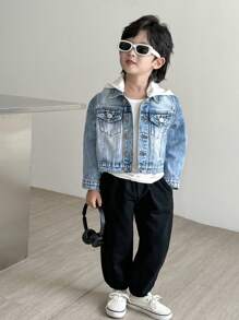 年轻男孩牛仔夹克，新时尚休闲洗水牛仔外套 - 藍色 - 查看 5