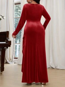 SHEIN Lady Autumn And Winter Elegant Party Navy Blue Knitted Velvet V Neck Wrap Draped Long Long Sleeve Plus Size Dresses
