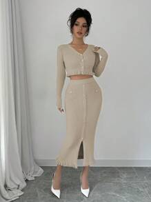 Chiquease 2pcs Women Autumn Simple Elegant Ruffled Hem Sweater And Button Decor Sweater Skirt Set - Khaki - View 4