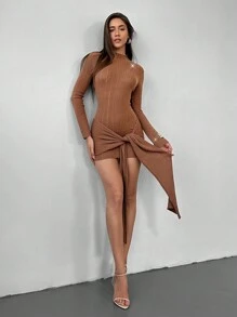 Aloruh Women Warm Plain Glitter Party Ripped Lace-Up Turtleneck Straps Slim Brown Purl  Mini Sweater Dress, Autumn/Winter New Arrival - Brown - View 1