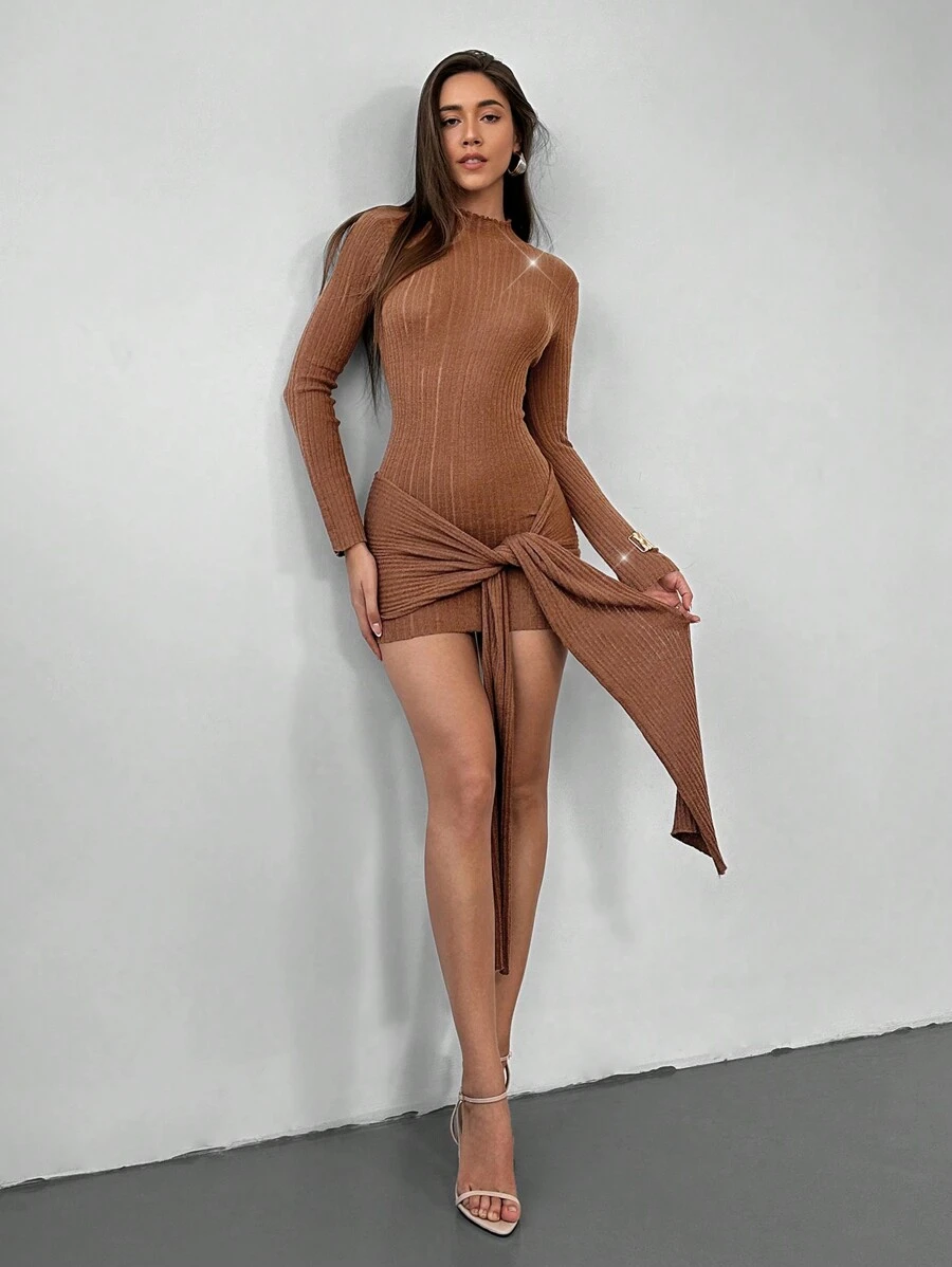 Aloruh Women Warm Plain Glitter Party Ripped Lace-Up Turtleneck Straps Slim Brown Purl  Mini Sweater Dress, Autumn/Winter New Arrival - Brown - View 1