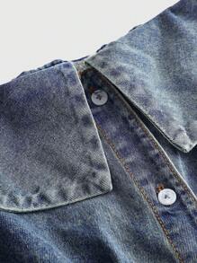 SHEIN Vestido mini de estilo vintage en denim azul con hombros descubiertos y escote en V, para adolescentes - Lavado ligero - Ver 3
