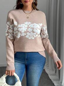 SHEIN LUNE Áo len dài tay cổ tròn họa tiết hoa cỡ lớn, kiểu dáng thường ngày, đa năng, thích hợp mặc mùa thu đông. - Lạc đà - Xem 6