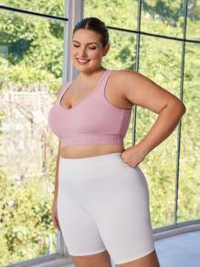 Easithlete Plus Size Women Slogan Patchwork Elastic Sports Bra - Pink - View 7