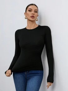 SHEIN Tall Women's Three Pieces Round Neck Casual Tight-Fitting Solid Color Long-Sleeved T-Shirt Pullover Set Suitable For Spring, Autumn And Winter, Tall Women - Multicolor - View 4