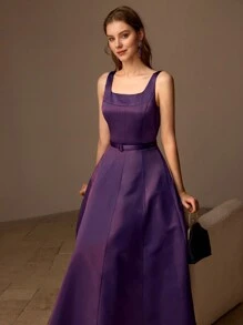 MOTF PREMIUM Vestido largo con falda acampanada y cinturón con hebilla maciza - Morado - Ver 4