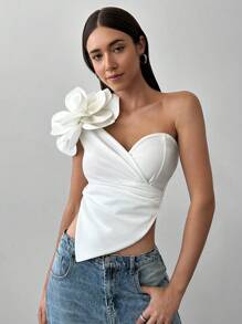 Aloruh Top de tirantes ajustado de unicolor con decoración floral 3D para mujer