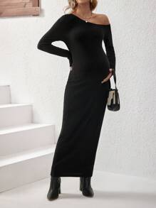 SHEIN Maternity Black Bodycon Dress, Long Sleeve, For Pregnant Women, Fall/Winter - Black - View 4