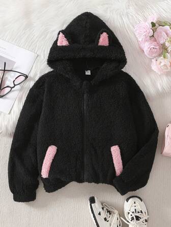 Tween Girl 秋冬毛绒连帽内衬可爱猫耳撞色蝴蝶结装饰双面羊毛夹克