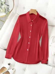 Franclia Camisa de cuello con unicolor transparente de estilo básico para ropa de Año Nuevo - Rojo - Ver 3