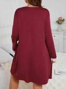 Color Block Lace Patchwork V-Neck Long Sleeve Casual Plus Size Nightgown