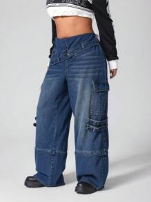 SHEIN ICON Plus Size Asymmetrical Stylish Waist Design, Multi-Pocket Cargo Jeans