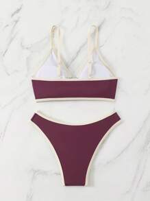 Conjunto de bikini tipo tankini de tirantes con aros de decoración de playa y vivos de color contrastante para el verano - Multicolor - Ver 2