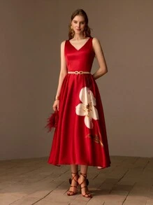 MOTF PREMIUM FLORAL PRINT V-NECK FLARE HEM DRESS WITHOUT BELT - Multicolor - View 2