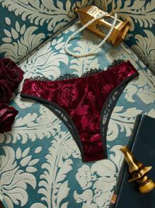 Pantaletas de triángulo vintage con estampado de rosas, encaje y patchwork de terciopelo - Rojo - Ver 3