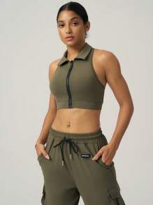SHEIN Sport Studio Women's Casual Solid Color Zip-Up Cropped Sports Jacket