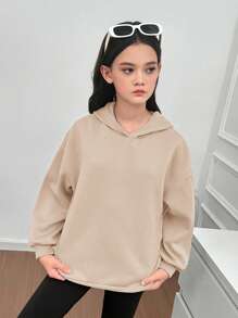 SHEIN Tween Girls Loose Fit Gathered Back Design Casual Pullover Long Sleeve Hoodie Sweatshirt - Khaki - View 2
