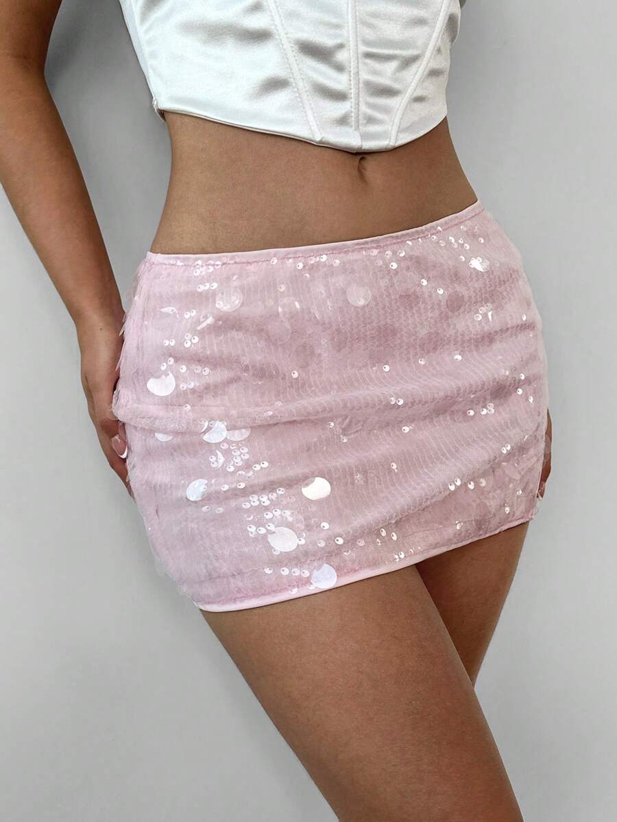 Aloruh Pink Sequin Patchwork High Slit Mini Bodycon Skirt - Pink - View 1