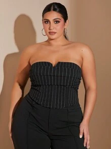 SHEIN BAE Plus Size Curve Elegant Black And White Striped Corset Tops, Summer Open Back Tanktop For Night ,Casual Commuting Crop Fall Clothes - Black - View 5