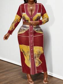 Maweii Conjunto de 2 piezas para mujer de talla grande, con top de punto en malla con escote en V profundo y falda de cola de pez