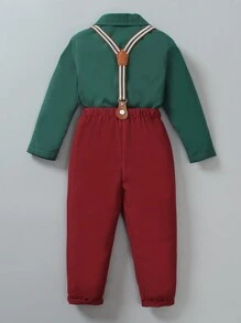 SHEIN Conjunto de ropa de Navidad para niño pequeño estilo caballero: Camisa de manga larga + Pantalón con tirantes, Conjunto formal elegante para fiesta de cumpleaños, boda, celebración de aniversario