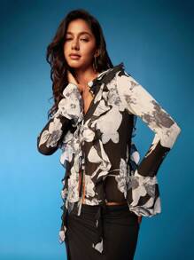 Opulessa Women Floral Print Ruffle Collar Long Sleeve Blouse, Autumn