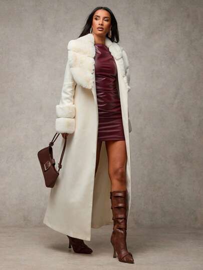 SHEIN BAE Women's Solid Color Fluffy Shawl Collar Long Sleeve Long Elegant Wool Blend Coat, Vintage Coat Winter Fall Women Clothes Women Concert Outfits Winter Women Clothes Fur Coat Stylish And Warm, Suitable For Parties And Outings  In Fall/Winter,Valentine's Day,Valentine Outfits For Women