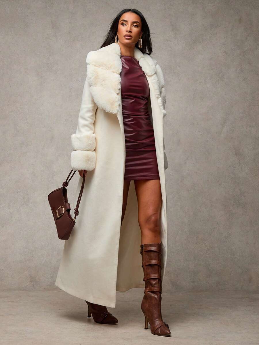 SHEIN BAE Women's Solid Color Fluffy Shawl Collar Long Sleeve Long Elegant Wool Blend Coat, Vintage Coat Winter Fall Women Clothes Halloween Customs Women Concert Outfits Winter Women Clothes Fur Coat Stylish And Warm, Suitable For Parties And Outings  In Fall/Winter