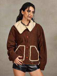ROMWE Grunge Punk Vintage Corduroy & Faux Fur Patchwork Women Jacket, Autumn/Winter