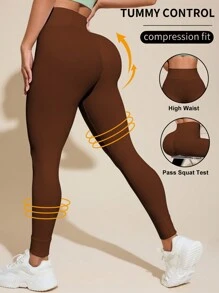 SHEIN 弹力腰部瘦身提臀运动紧身裤 - 棕色 - 查看 1