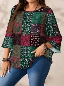 EMERY ROSE 大码女式休闲花卉印花拼接圆领宽松 3/4 袖衬衫，秋冬