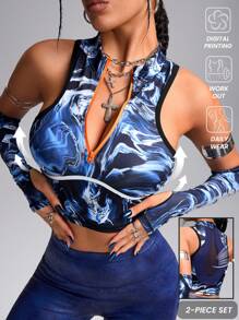 Innovista 女士无袖休闲户外 T 恤和背心，简约设计，正面拉链 - 藍色 - 查看 1