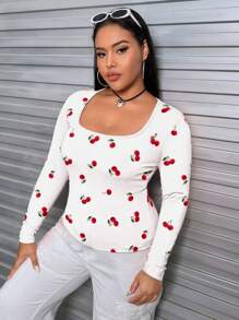 SHEIN EZwear Casual Simple Allover Cherry Print Plus Size Women Fitted T-Shirt, Spring/Autumn - White - View 6