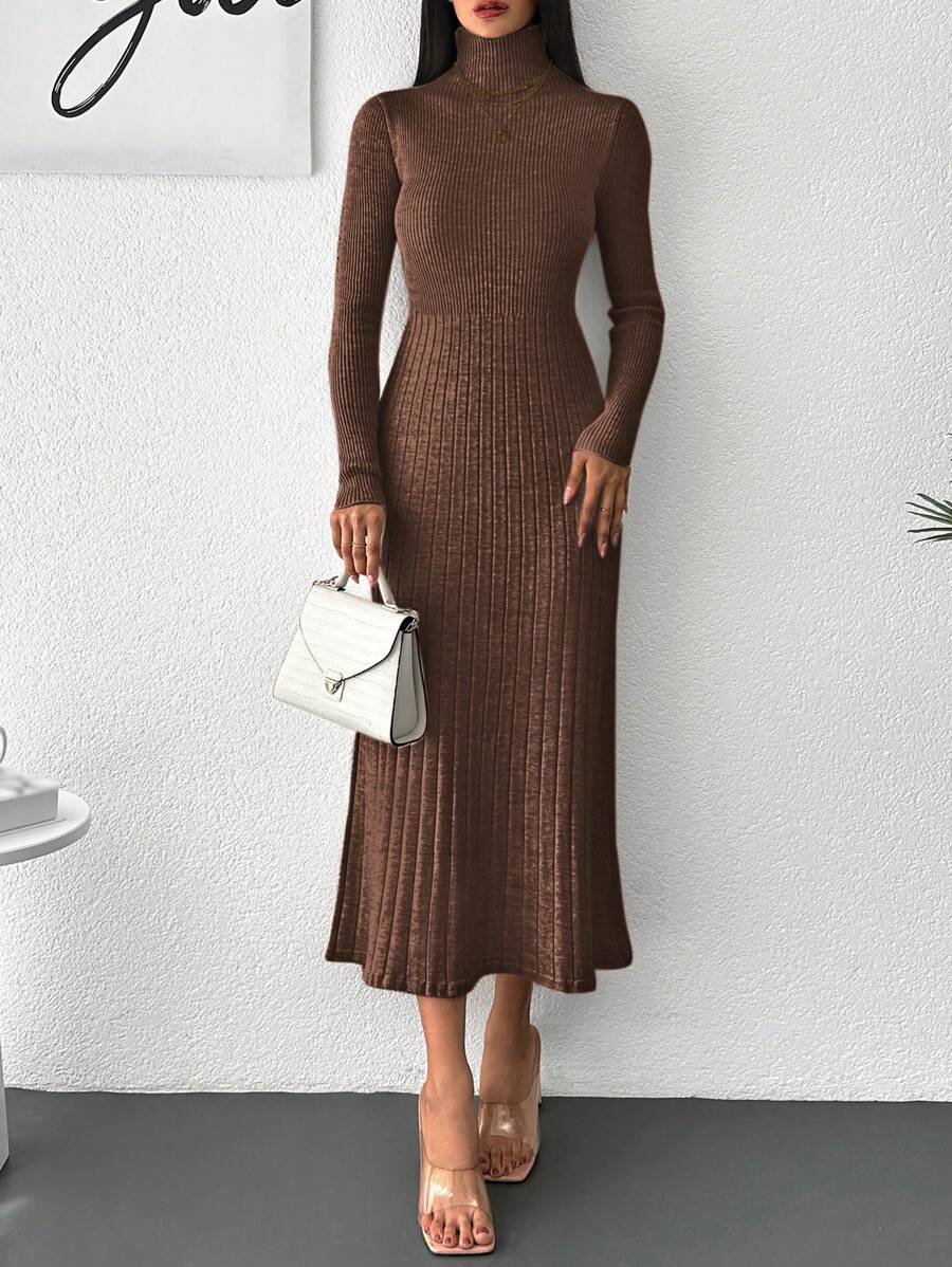 EURMUSE Turtleneck Ribbed Knit Sweater Dress - Brown - View 1