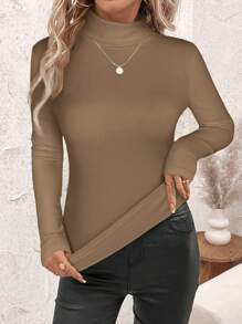 SHEIN Clasi Women's Stand Collar Cinched Waist Thermal T-Shirt, Warm Wear - Coffee Brown - View 4